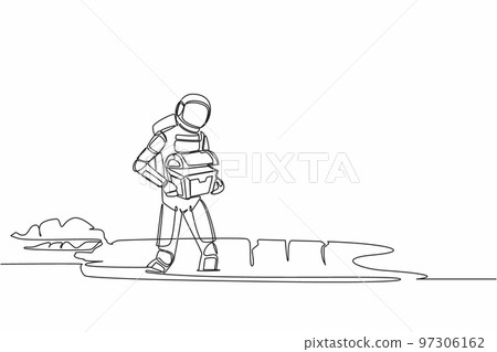 Single continuous line drawing astronaut carrying chest treasure in moon ground. Spaceman finding gem box artefact. Gold hunting. Cosmonaut deep space. One line draw graphic design vector illustration 97306162