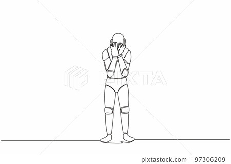 Continuous one line drawing robot cover his face by hands and crying. Depression disorder, sad, sorrow, disappointment. Humanoid robot cybernetic organism. Single line draw design vector illustration 97306209
