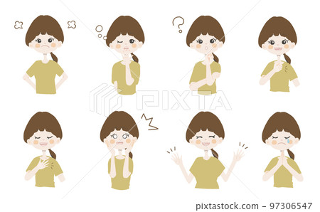 [Angry, sad, leave, question, shock, embarrassed face, apologize] Variation set of facial expressions and poses 97306547