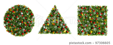 Christmas wreath-style figure material set: 3D rendering of glittering stars, red orbs and snowflakes Christmas wreath-style figure material set: 3D rendering of glittering stars, red orbs and snowflakes 97306605