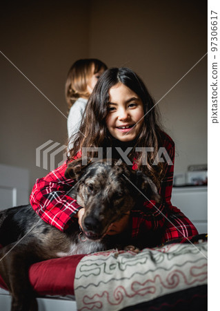 smiling girl in checked pajama holds her grey dog 97306617