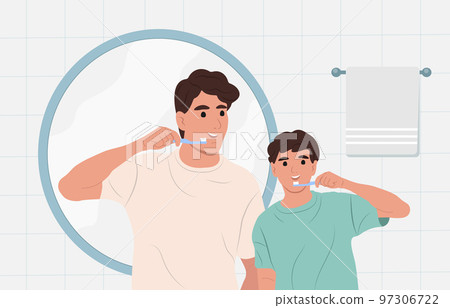 National Childrens Dental Health Month. Father and son brush their teeth together. Dad teaches how to brush teeth correctly and talks about the benefits National Childrens Dental Health Month. Father and son brush their teeth together. Dad teaches how to brush teeth correctly and talks about the benefits 97306722