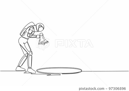 Single one line drawing of young astronaut scream into pit hole with megaphone. Spaceman wondering and looking at big hole. Cosmic galaxy space. Continuous line draw graphic design vector illustration Single one line drawing of young astronaut scream into pit hole with megaphone. Spaceman wondering and looking at big hole. Cosmic galaxy space. Continuous line draw graphic design vector illustration 97306896