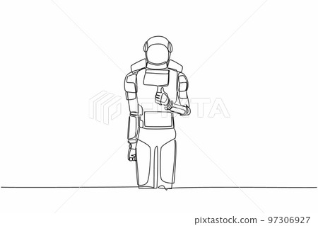 Single continuous line drawing of young astronaut standing with thumbs up gesture. Deal, like, agree, approve, accept. Cosmonaut deep space concept. Dynamic one line graphic design vector illustration Single continuous line drawing of young astronaut standing with thumbs up gesture. Deal, like, agree, approve, accept. Cosmonaut deep space concept. Dynamic one line graphic design vector illustration 97306927
