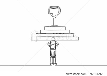 Single continuous line drawing of astronaut standing in front of staircase with trophy on top. Path to success in cosmic exploration. Cosmonaut deep space. One line graphic design vector illustration Single continuous line drawing of astronaut standing in front of staircase with trophy on top. Path to success in cosmic exploration. Cosmonaut deep space. One line graphic design vector illustration 97306929