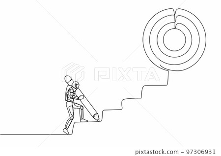 Single continuous line drawing astronaut use huge pencil to draw rising up stairs. Strategy reach space company target. Spaceman career path. Cosmonaut deep space. One line design vector illustration Single continuous line drawing astronaut use huge pencil to draw rising up stairs. Strategy reach space company target. Spaceman career path. Cosmonaut deep space. One line design vector illustration 97306931