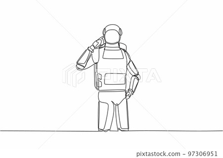 Single one line drawing young astronaut standing with pointing his head, thinking something. Feeling optimistic, visionary. Cosmic galaxy space. Continuous line draw graphic design vector illustration Single one line drawing young astronaut standing with pointing his head, thinking something. Feeling optimistic, visionary. Cosmic galaxy space. Continuous line draw graphic design vector illustration 97306951