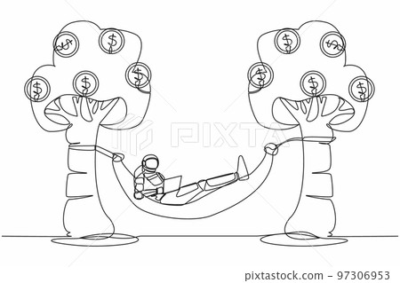 Single one line drawing of astronaut typing with laptop in hammock tied on money tree with dollar coin. Relaxing after space expedition. Cosmic galaxy space. Continuous line design vector illustration Single one line drawing of astronaut typing with laptop in hammock tied on money tree with dollar coin. Relaxing after space expedition. Cosmic galaxy space. Continuous line design vector illustration 97306953