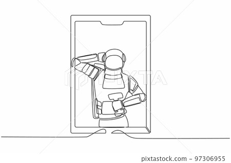 Continuous one line drawing astronaut online fitness trainer. Spaceman with dumbbells on phone screen. Training via Internet video call. Cosmonaut outer space. Single line design vector illustration 97306955