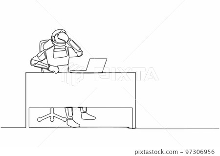 Single one line drawing young astronaut working with laptop at working desk and holding face. Feeling bad, headache, exhausted. Cosmic galaxy space. Continuous line graphic design vector illustration Single one line drawing young astronaut working with laptop at working desk and holding face. Feeling bad, headache, exhausted. Cosmic galaxy space. Continuous line graphic design vector illustration 97306956