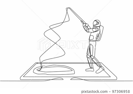 Single continuous line drawing astronaut fishing on smartphone screen. Spaceman standing and fishing with rod. Fisherman mobile app. Cosmonaut deep space. One line graphic design vector illustration Single continuous line drawing astronaut fishing on smartphone screen. Spaceman standing and fishing with rod. Fisherman mobile app. Cosmonaut deep space. One line graphic design vector illustration 97306958