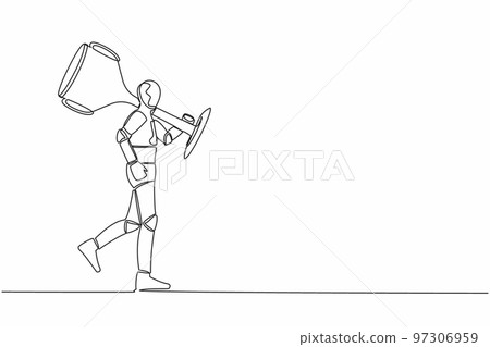 Continuous one line drawing robot carry big trophy cup for winner as symbol of victory. Tech business success. Humanoid cybernetic organism. Future robotic. Single line draw design vector illustration Continuous one line drawing robot carry big trophy cup for winner as symbol of victory. Tech business success. Humanoid cybernetic organism. Future robotic. Single line draw design vector illustration 97306959
