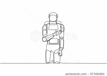 Continuous one line drawing young astronaut standing with keeping hands on chest. Friendly expressing gratitude. Future technology. Cosmonaut outer space. Single line draw design vector illustration Continuous one line drawing young astronaut standing with keeping hands on chest. Friendly expressing gratitude. Future technology. Cosmonaut outer space. Single line draw design vector illustration 97306960