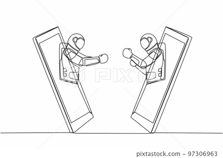 Single continuous line drawing young astronaut boxers comes out from smartphone ready to fight. Competitive sport, single combat. Cosmonaut deep space. One line draw graphic design vector illustration 97306963