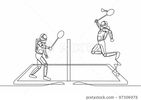 Single one line drawing badminton court with two astronaut players hitting shuttlecock with their racquets on smartphone screen. Cosmic galaxy space concept. Continuous line design vector illustration Single one line drawing badminton court with two astronaut players hitting shuttlecock with their racquets on smartphone screen. Cosmic galaxy space concept. Continuous line design vector illustration 97306978