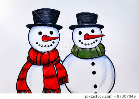 Two snowmen in hats and scarves isolated on white background. Two snowmen in hats and scarves isolated on white background. 97307049