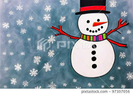 Snowman in a hat and scarf. Children's drawing with colored pencils. 97307056