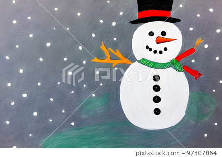 Snowman in a hat and scarf. Children's drawing with colored pencils. Snowman in a hat and scarf. Children's drawing with colored pencils. 97307064