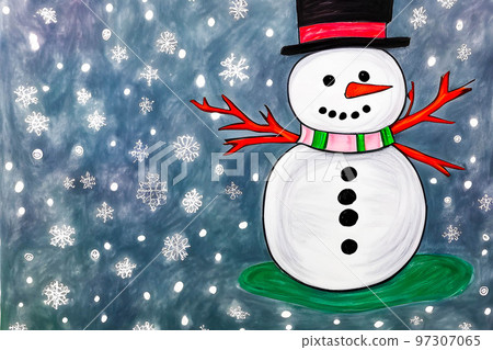 Snowman in a hat and scarf. Children's drawing with colored pencils. 97307065