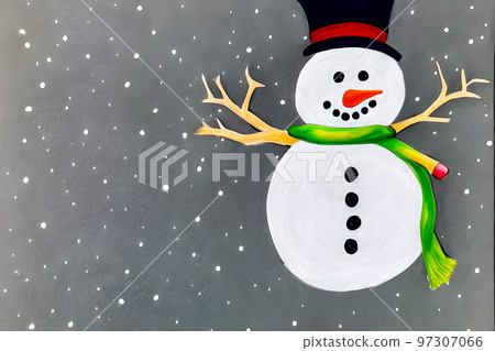 Snowman in a hat and scarf. Children's drawing with colored pencils. 97307066