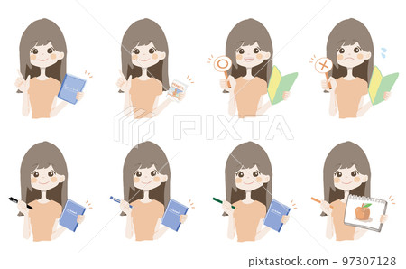 [Girl holding a book, manga, Marubatsu, drawing] Variation set of facial expressions and poses 97307128