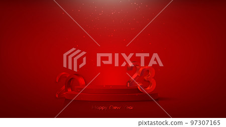 3D 2023 with podium banner, New Year party, red foil numerals, product display cylindrical shape, festive platform for the holidays. Vector luxury template isolated on red background 97307165