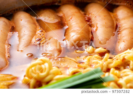 Budae jjigae (troop jjigae) up. A popular Korean hot pot dish with sausages, ramen, etc. Budae jjigae (troop jjigae) up. A popular Korean hot pot dish with sausages, ramen, etc. 97307282