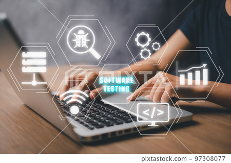 Woan hand typing keyboard computer with SOFTWARE TESTING inscription icon on VR screen, Business, modern technology, internet and networking concept. 97308077