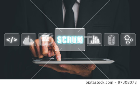 SCRUM, Man hand using digital tablet with SCRUM icon on VR screen, Agile development methodology. 97308078