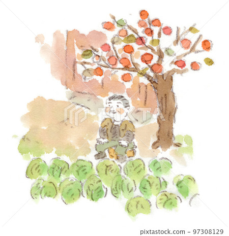 Farmer man taking a rest by autumn field, watercolor illustration 97308129
