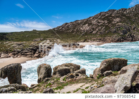 Landscape view of Reira beach, Praia de Reira in Camarinas, Galicia, Spain Landscape view of Reira beach, Praia de Reira in Camarinas, Galicia, Spain 97308542