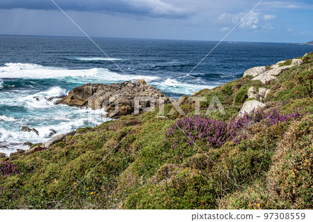 Landscape at the Beach of Laxe, Praia de Laxe also Playa De Laxe, Spain Galicia Costa da Morte Landscape at the Beach of Laxe, Praia de Laxe also Playa De Laxe, Spain Galicia Costa da Morte 97308559