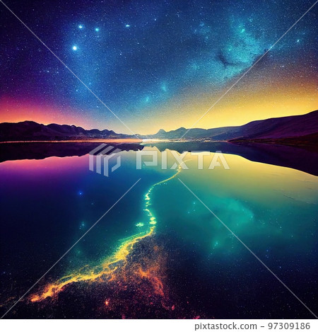 A beautiful ancient lake at sunset, with the reflection of the sky and clouds. Generative AI Art. A beautiful ancient lake at sunset, with the reflection of the sky and clouds. Generative AI Art. 97309186