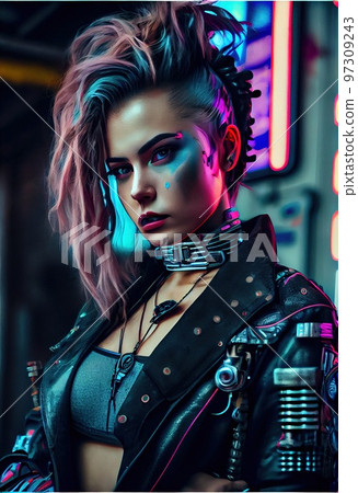 Portrait of a sci-fi cyberpunk girl. High-tech futuristic woman from the future. The concept of virtual reality and cyberpunk. Generative AI Art. 97309243
