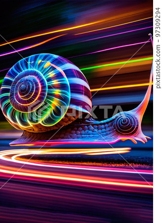 The racing garden snail is hurtling down the road at breakneck speed. Generative AI Art. The racing garden snail is hurtling down the road at breakneck speed. Generative AI Art. 97309294