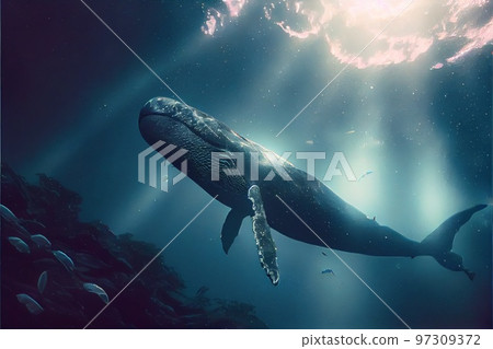 A beautiful Humpback whale is swimming in the ocean. A whale in its native element. Generative AI Art. 97309372