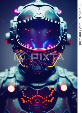 Portrait of an fictional astronaut in a spacesuit. High-tech astronaut from the future. The concept of space travel. Generative AI Art 97309399