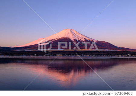 Upside-down Red Mt.Fuji in winter, reflected in Lake Yamanaka Upside-down Red Mt.Fuji in winter, reflected in Lake Yamanaka 97309403