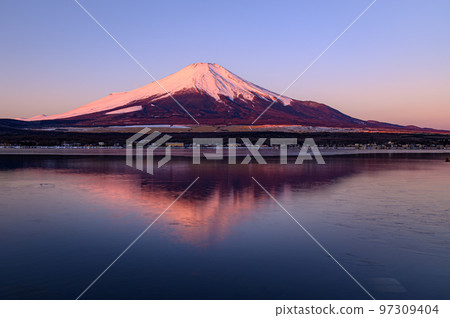 Upside-down Red Mt.Fuji in winter, reflected in Lake Yamanaka Upside-down Red Mt.Fuji in winter, reflected in Lake Yamanaka 97309404