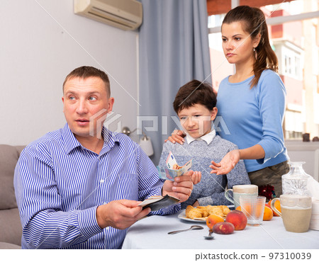 Wife and son asking husband for more money Wife and son asking husband for more money 97310039