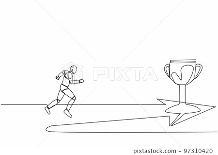 Single continuous line drawing of robot running to golden trophy. Tech business direction. Robotic artificial intelligence. Electronic technology industry. One line graphic design vector illustration 97310420