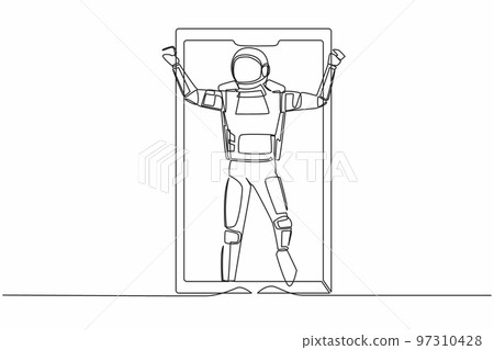 Single continuous line drawing astronaut football player celebrating goal out of smartphone screen. Online soccer game with live mobile app. Cosmonaut deep space. One line design vector illustration 97310428