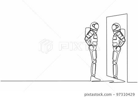 Single one line drawing astronaut looks himself in mirror. Spaceman looking at his reflection in mirror and evaluating spacesuit. Cosmic galaxy space. Continuous line draw design vector illustration 97310429