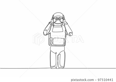 Single one line drawing astronaut standing with covering his eyes with hands because of disgust and reluctance to see something. Cosmic galaxy space. Continuous line graphic design vector illustration 97310441