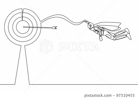 Single one line drawing super astronaut in cloak flying up to target. Success in spaceship business industry. Goal achievement. Cosmic galaxy space. Continuous line graphic design vector illustration Single one line drawing super astronaut in cloak flying up to target. Success in spaceship business industry. Goal achievement. Cosmic galaxy space. Continuous line graphic design vector illustration 97310455