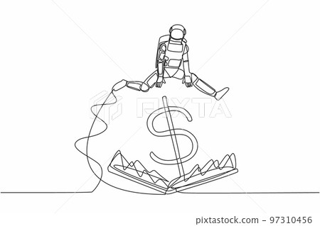 Single one line drawing astronaut jumping over money pitfall with big money dollar symbol. Financial trap in spaceship business. Cosmic galaxy space. Continuous line graphic design vector illustration Single one line drawing astronaut jumping over money pitfall with big money dollar symbol. Financial trap in spaceship business. Cosmic galaxy space. Continuous line graphic design vector illustration 97310456