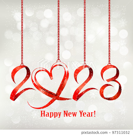 Merry Christmas and Happy New Year Background with 2023 letters and heart made from red ribbon. Vector 97311032