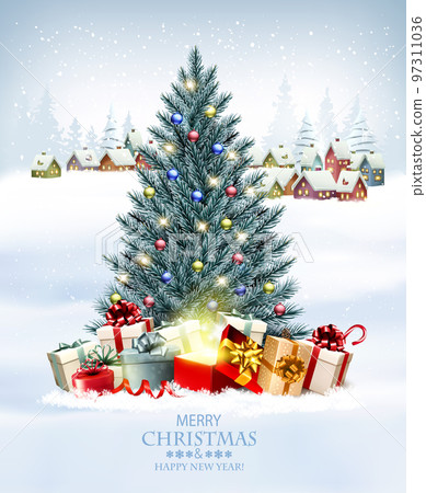 Happy Merry Christmas and New Year holiday background with presents, christmas tree Happy Merry Christmas and New Year holiday background with presents, christmas tree 97311036