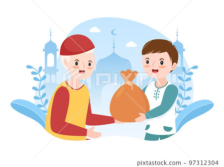 Muslim Kids Giving Alms, Zakat or Infaq Donation to a Person Who Need it in Flat Cartoon Poster Hand Drawn Templates Illustration 97312304