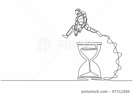 Single one line drawing young astronaut jumping over hourglass. Business spaceship company scheduling and time management. Cosmic galaxy space. Continuous line draw graphic design vector illustration Single one line drawing young astronaut jumping over hourglass. Business spaceship company scheduling and time management. Cosmic galaxy space. Continuous line draw graphic design vector illustration 97312886
